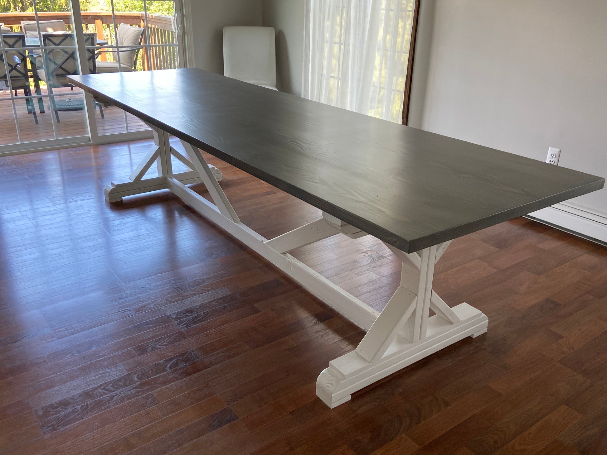 white and gray farmhouse x base table