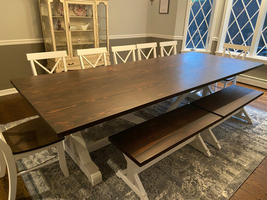 Extra large X base table with a seamless top and split benches and 7 single X back chairs stained Kona