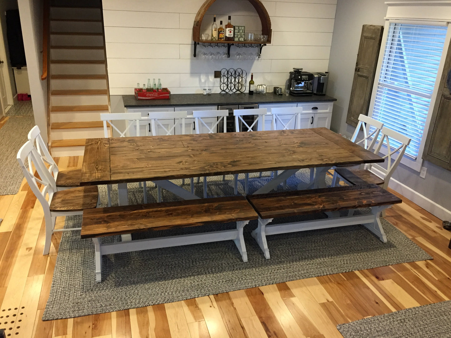 reclaimed farmhouse x base table with farmhouse x chairs and benches
