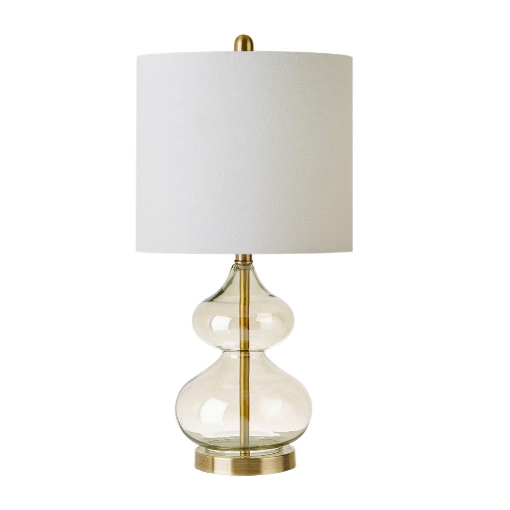 glass and gold table lamp with white shade