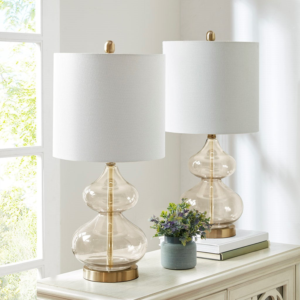 glass bell table lamp with brass accents
