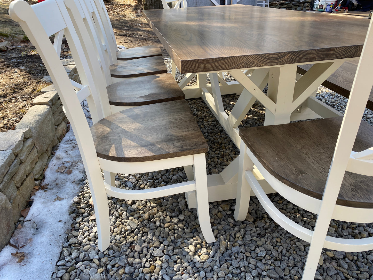 Custom order: Trenton X Base, Rounded X Chairs, Bench: Jessica