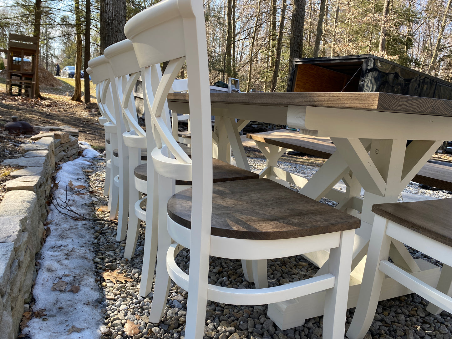Custom order: Trenton X Base, Rounded X Chairs, Bench: Jessica